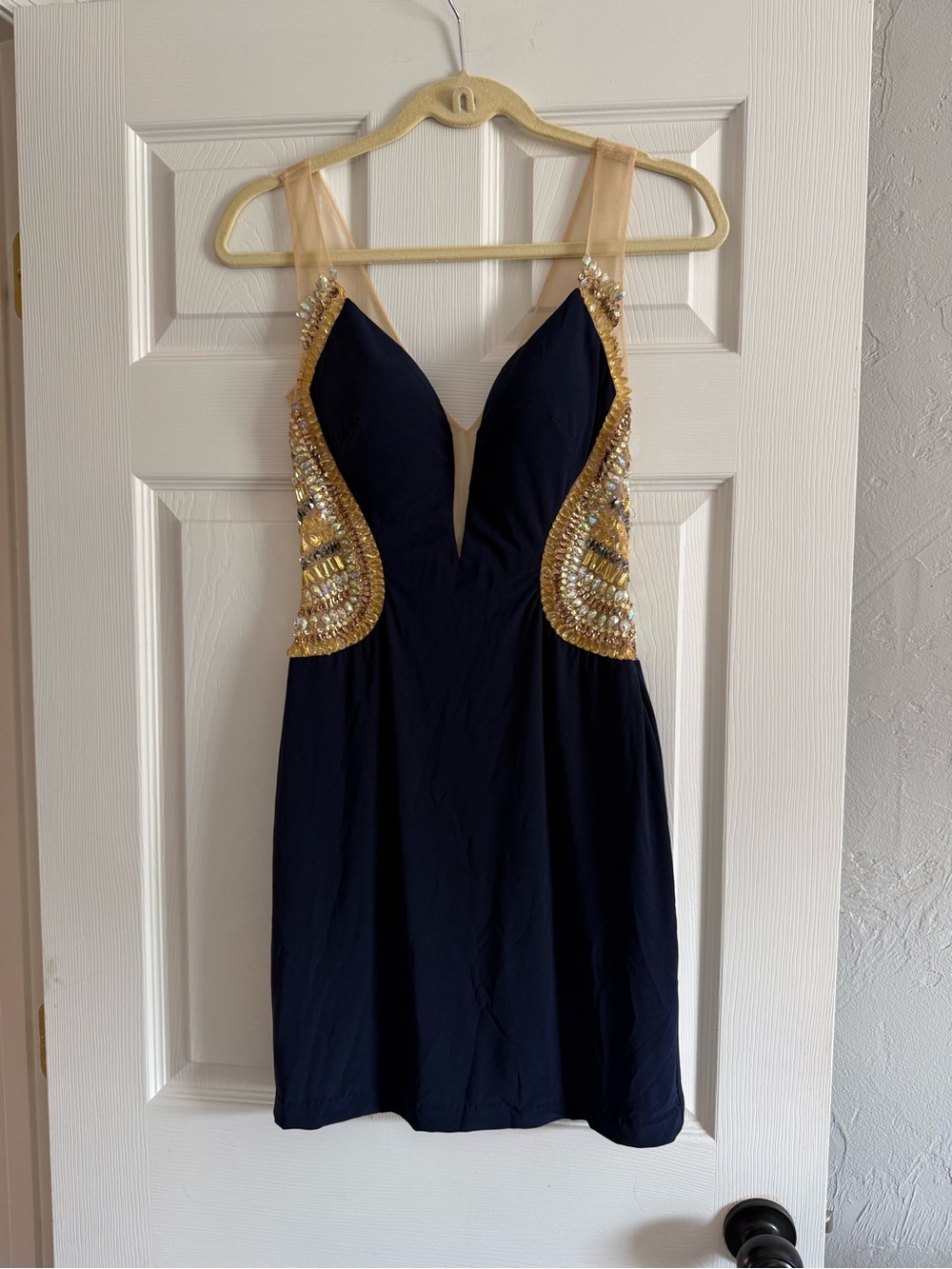 Terani Couture Navy Plunge Cocktail Dress with rhinestones illusion style